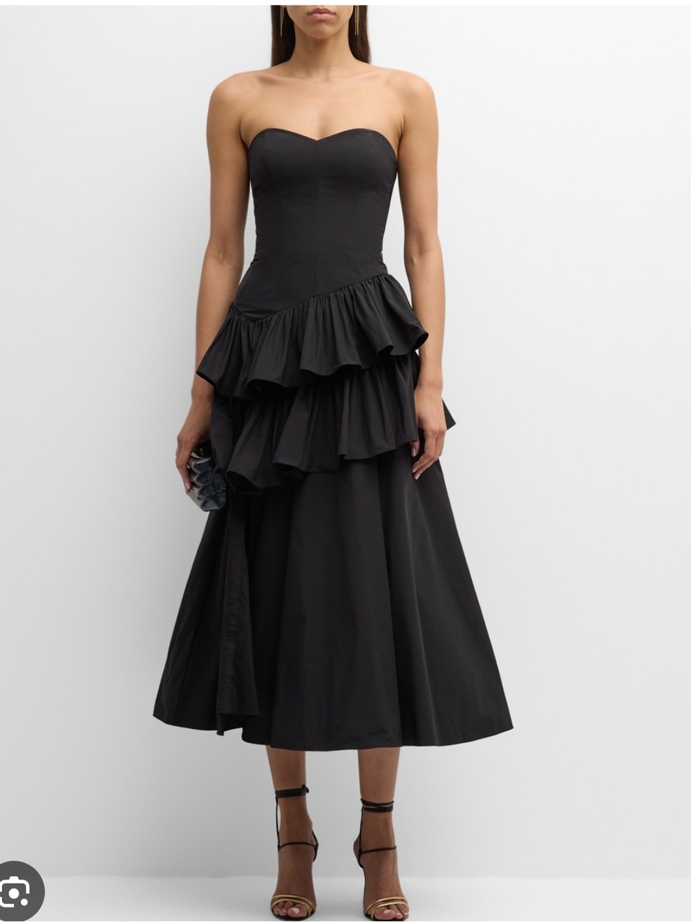 Marchesa Black Strapless Ruffle Taffeta Midi Dress